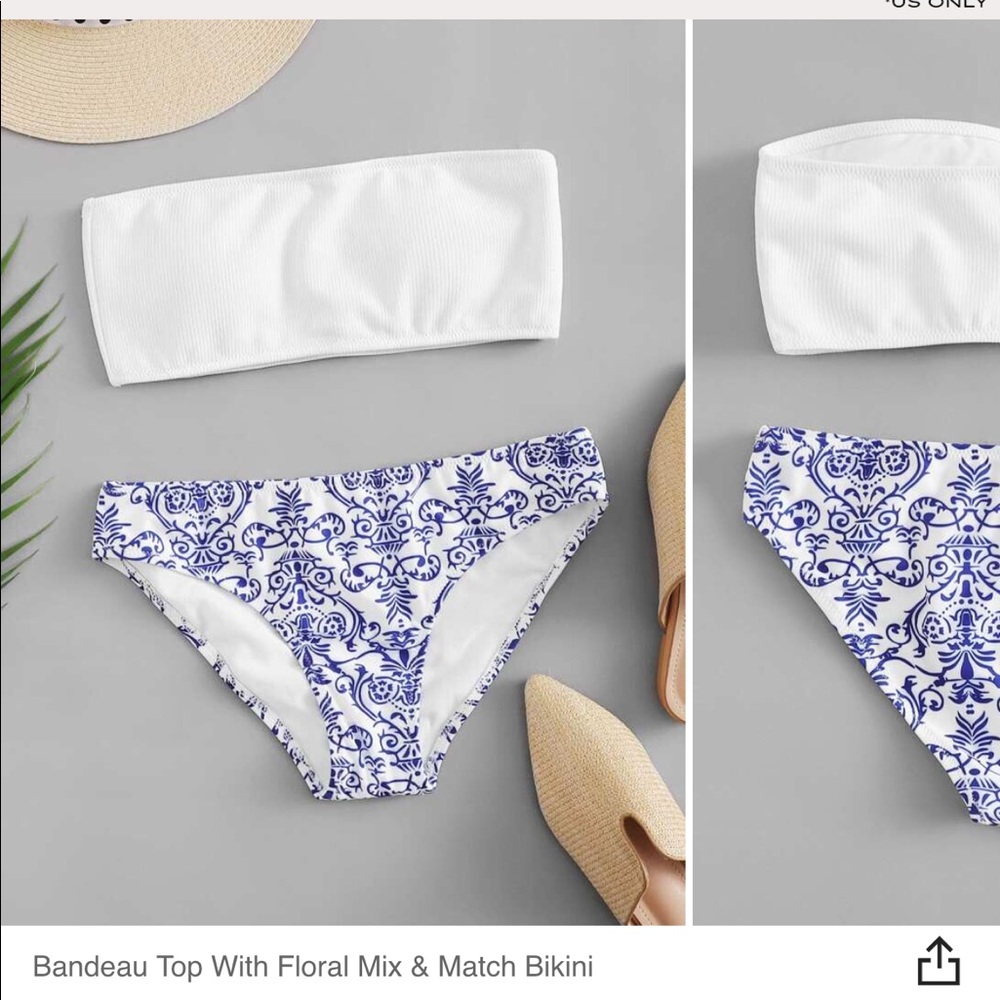 Bandeau top with blue pattern bottom